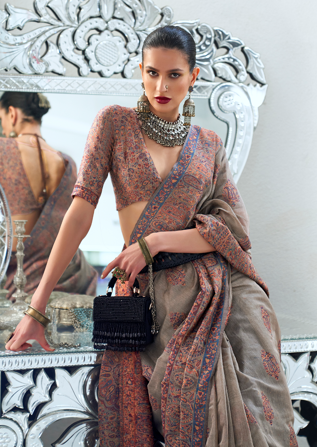 Artichoke Green Woven Pure Handloom Kashmiri Jamewar Saree