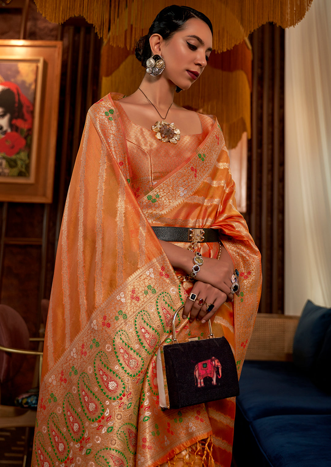 Orange Two Tone Meenakari Woven Pure Organza Silk Saree
