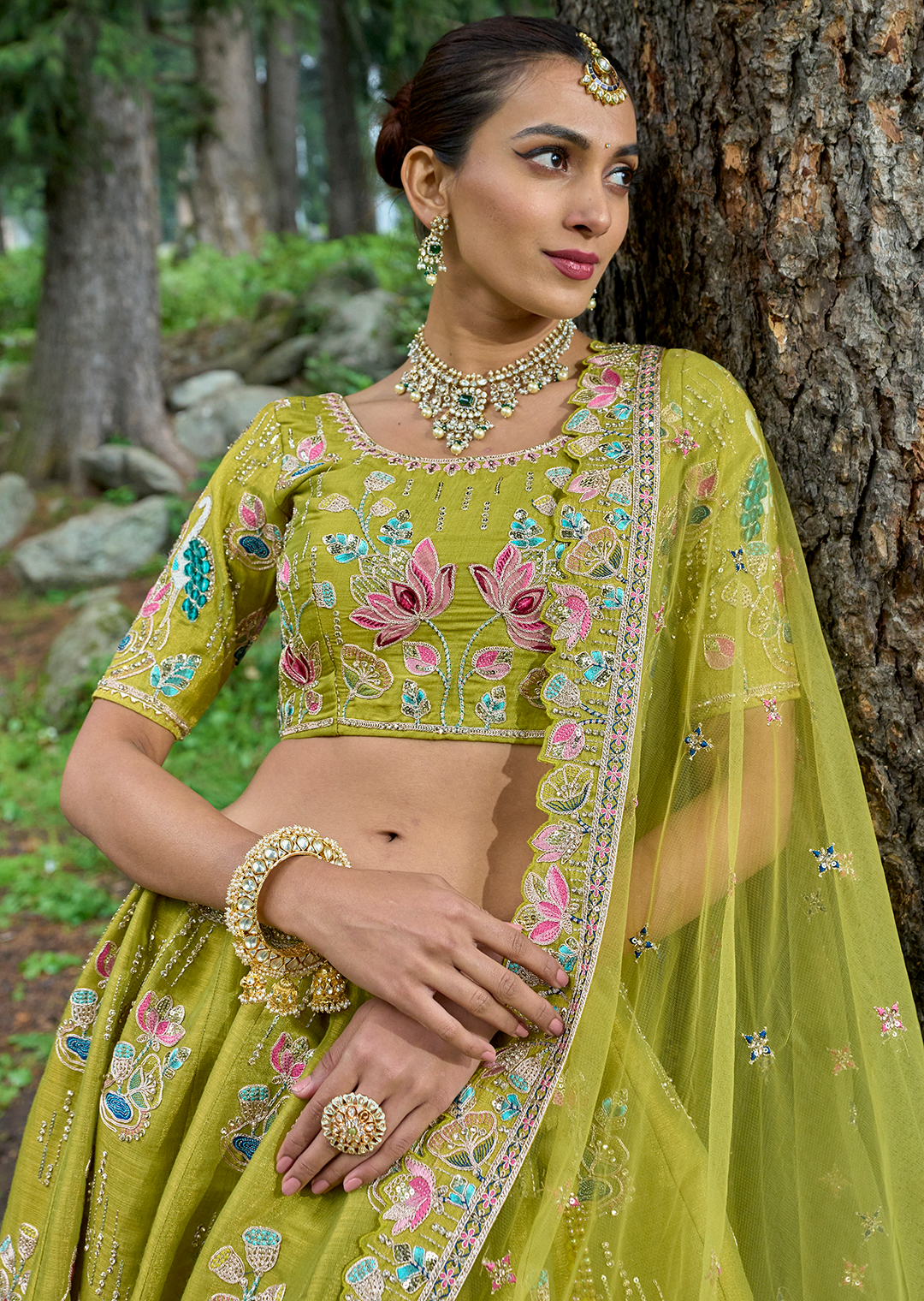Pear Green Hand Worked Premium Designer Silk Lehenga
