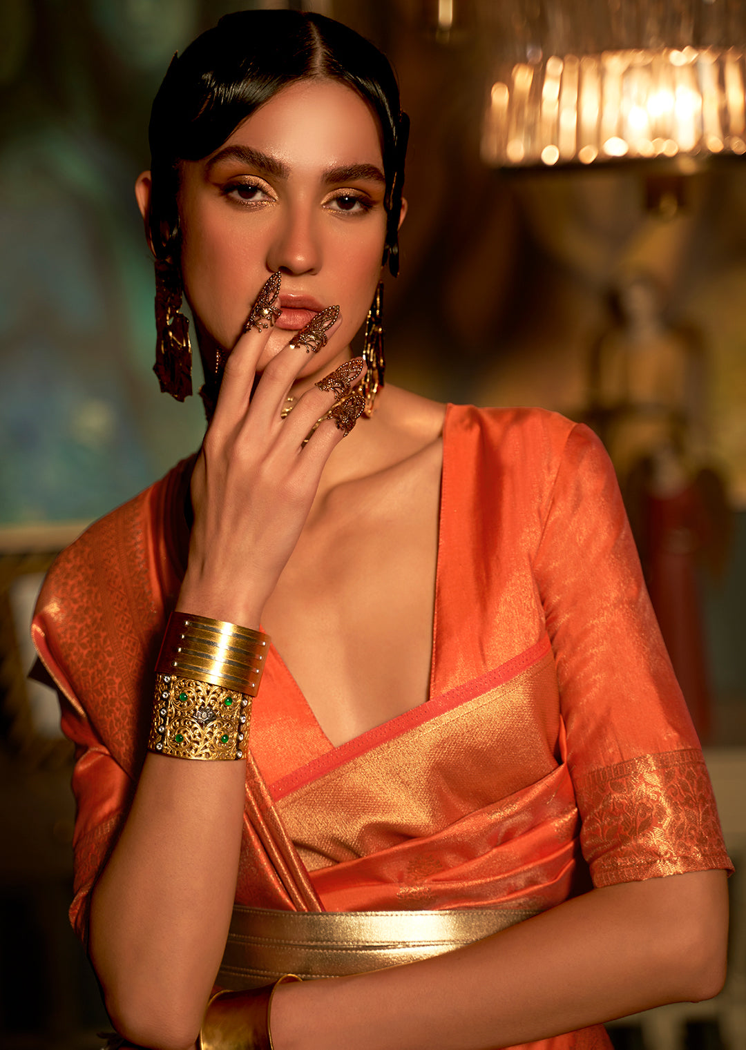 Golden Orange Zari Woven Pure Handloom Kanjivaram Silk Saree