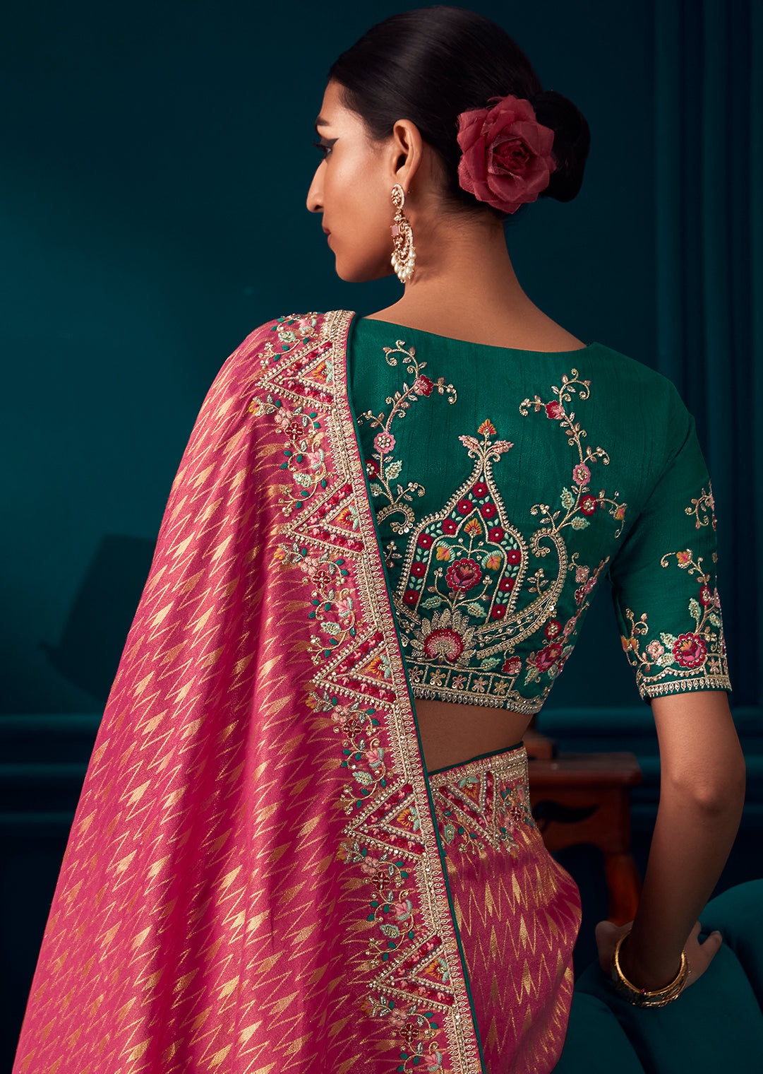 WATERMELON RED HEAVY EMBROIDERED BROCADE DESIGNER KANJIVARAM SILK SAREE