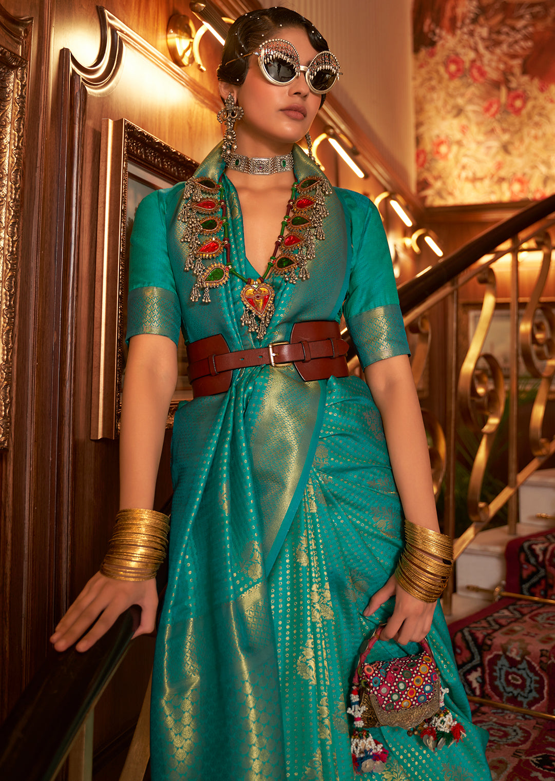 Teal Green Zari Woven Two Tone Chinon Kanjivaram Silk Saree