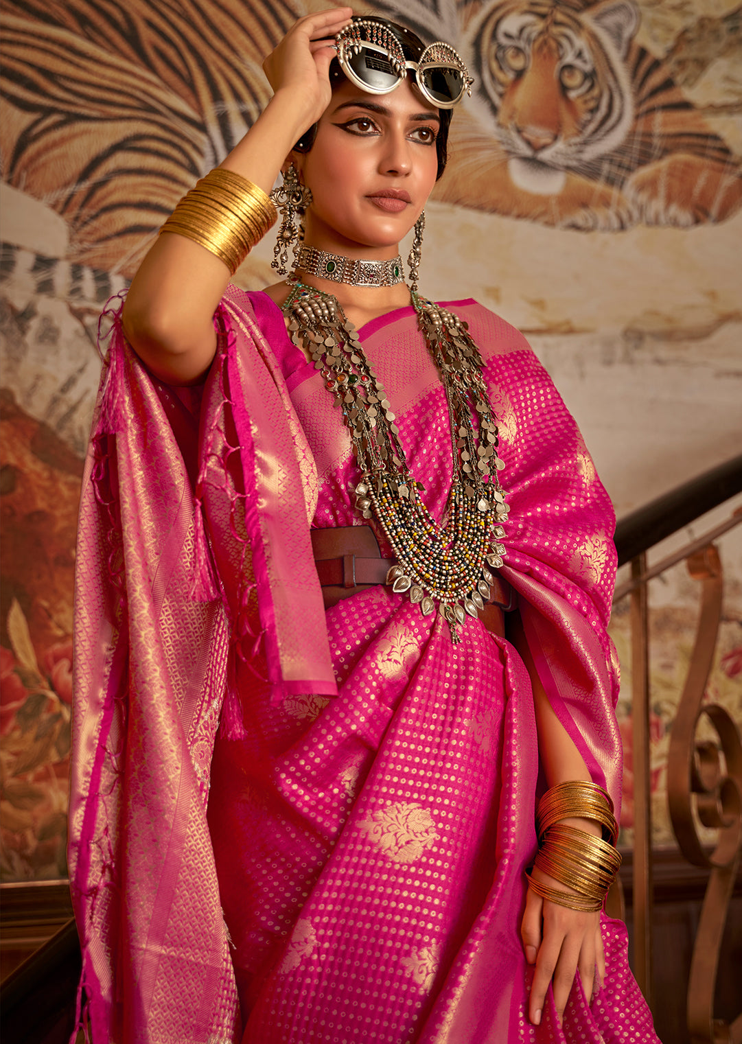 Magenta Pink Zari Woven Two Tone Chinon Kanjivaram Silk Saree