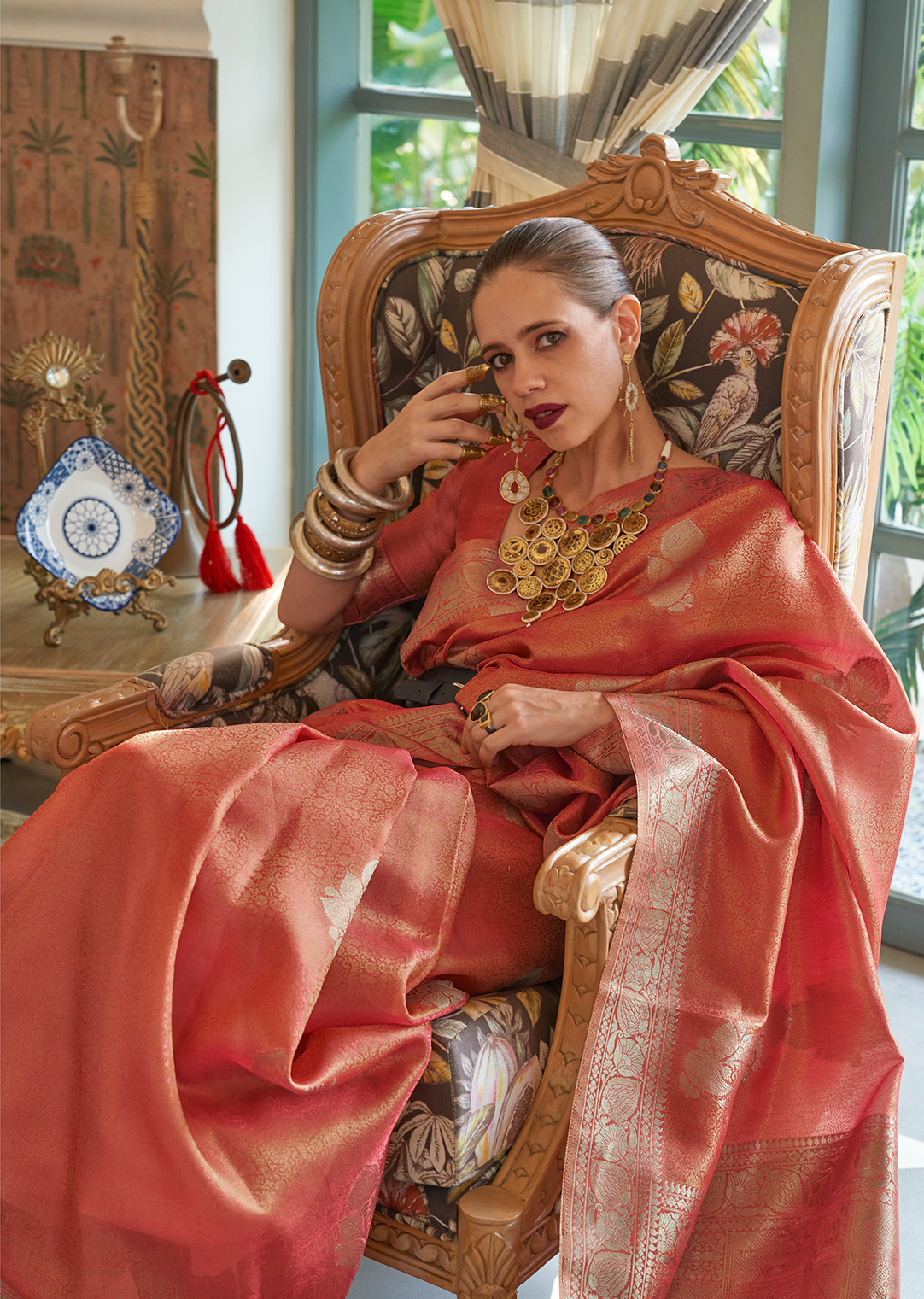 Orange Zari Woven Pure Handloom Satin Tissue Silk Saree