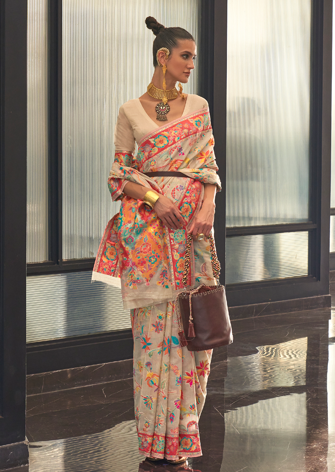 Pearl White Woven Pure Handloom Kashmiri Jamewar Silk Saree