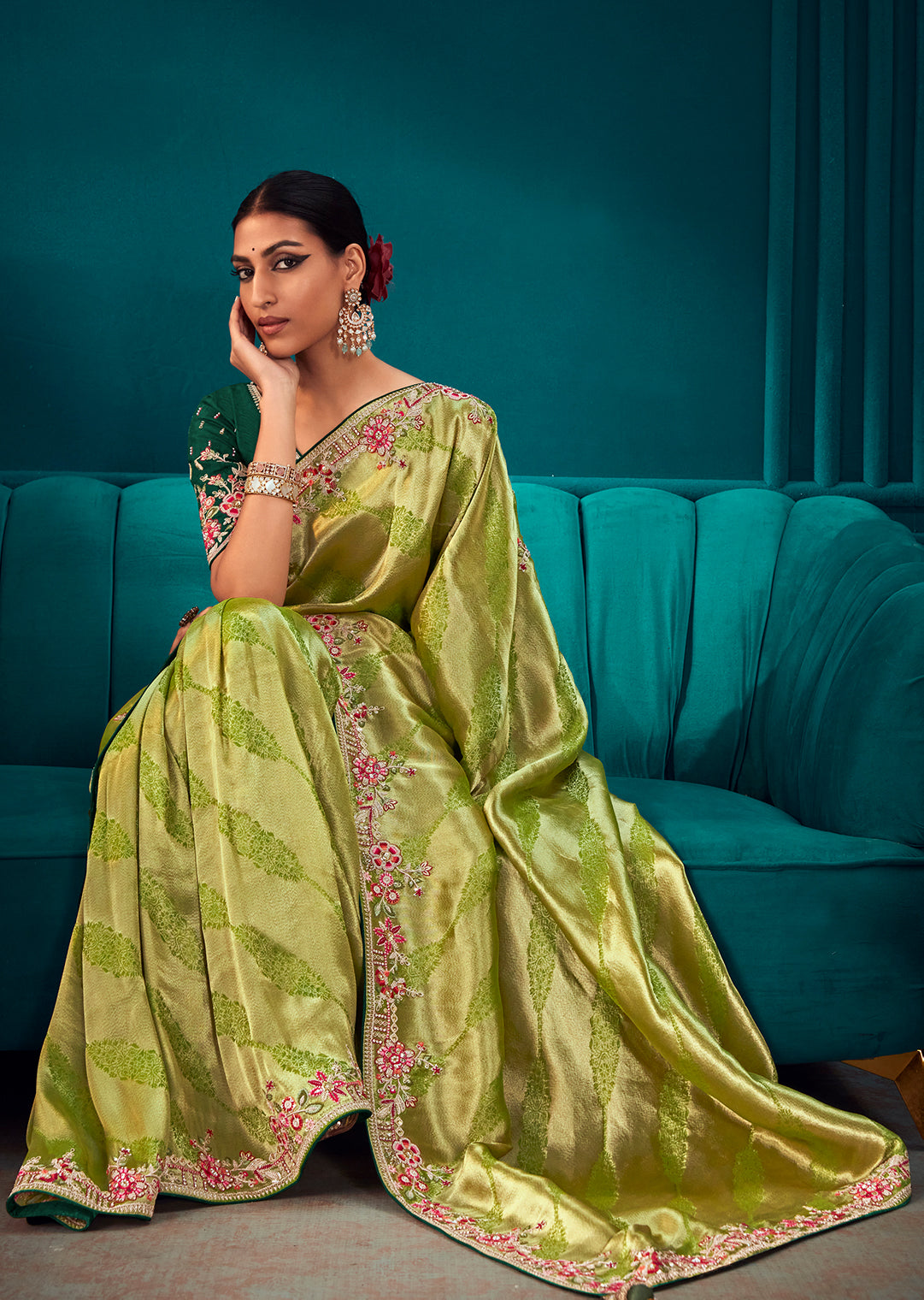LAWN GREEN HEAVY EMBROIDERED BROCADE DESIGNER KANJIVARAM SILK SAREE