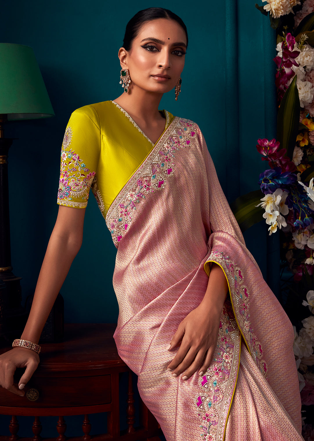 CREPE PINK	HEAVY EMBROIDERED BROCADE DESIGNER KANJIVARAM SILK SAREE