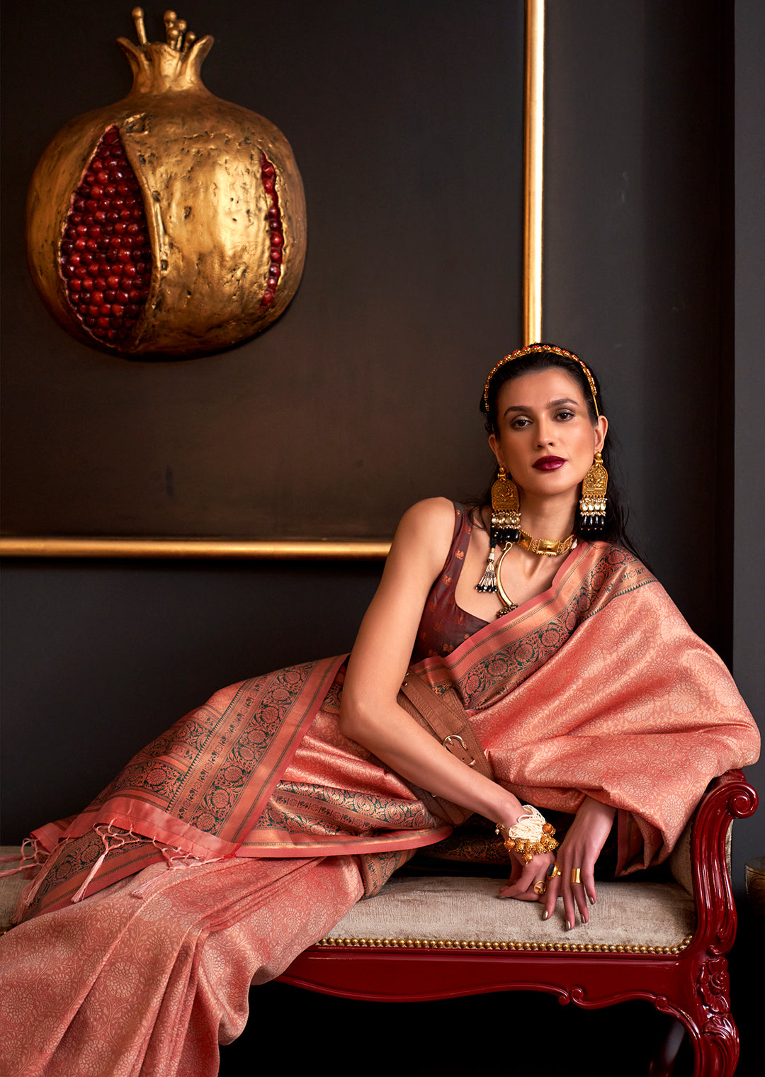 Peach Zari Woven Pure Handloom Kanjivaram Silk Saree