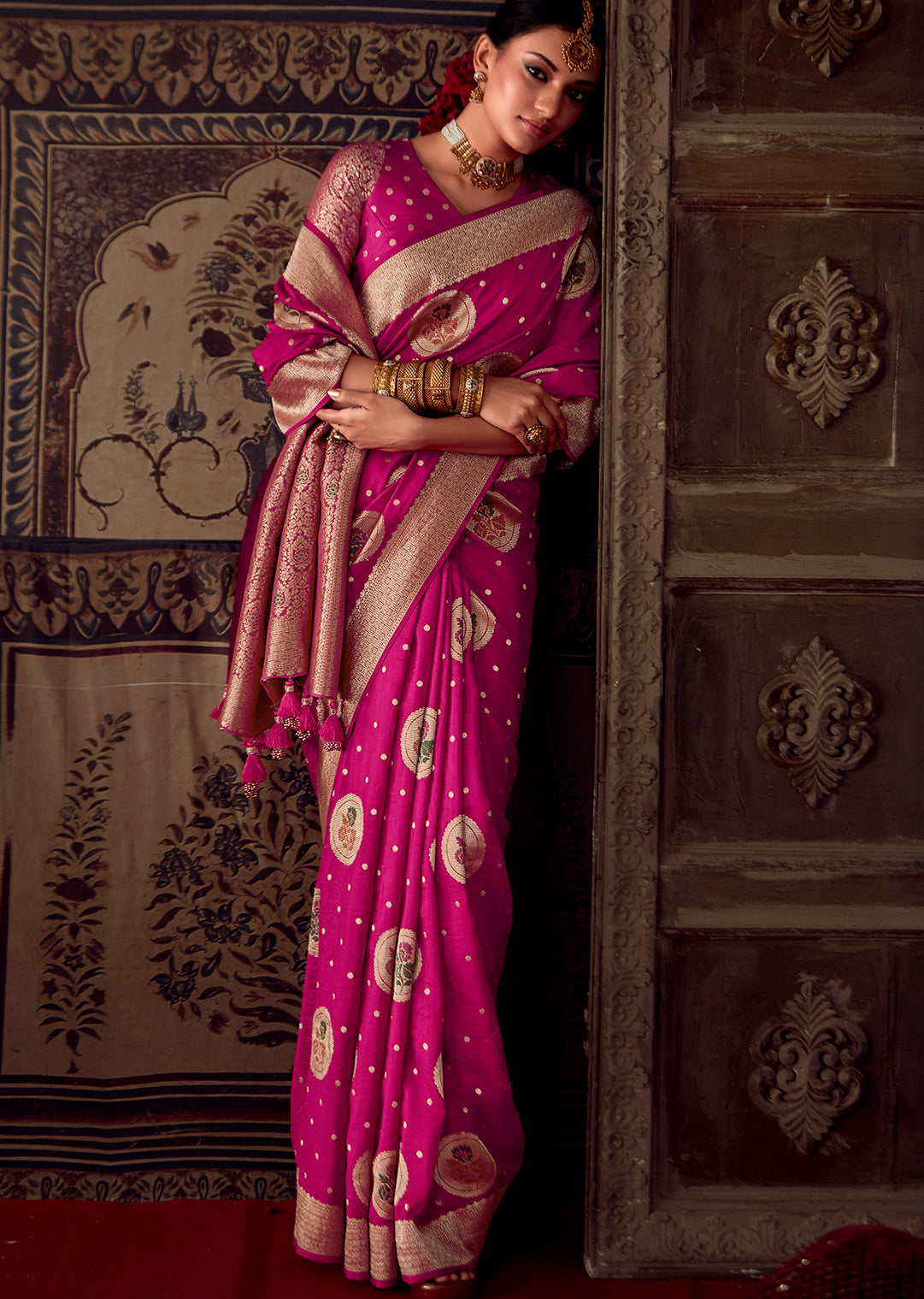 DEEP PINK MEENAKARI WOVEN DESIGNER BANARASI SILK SAREE