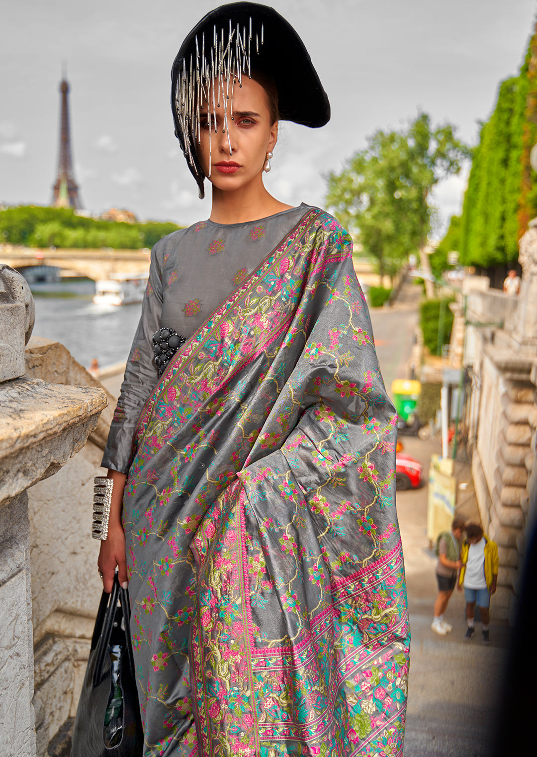 Grey Woven Pure Handloom Parsi Organza Silk Saree