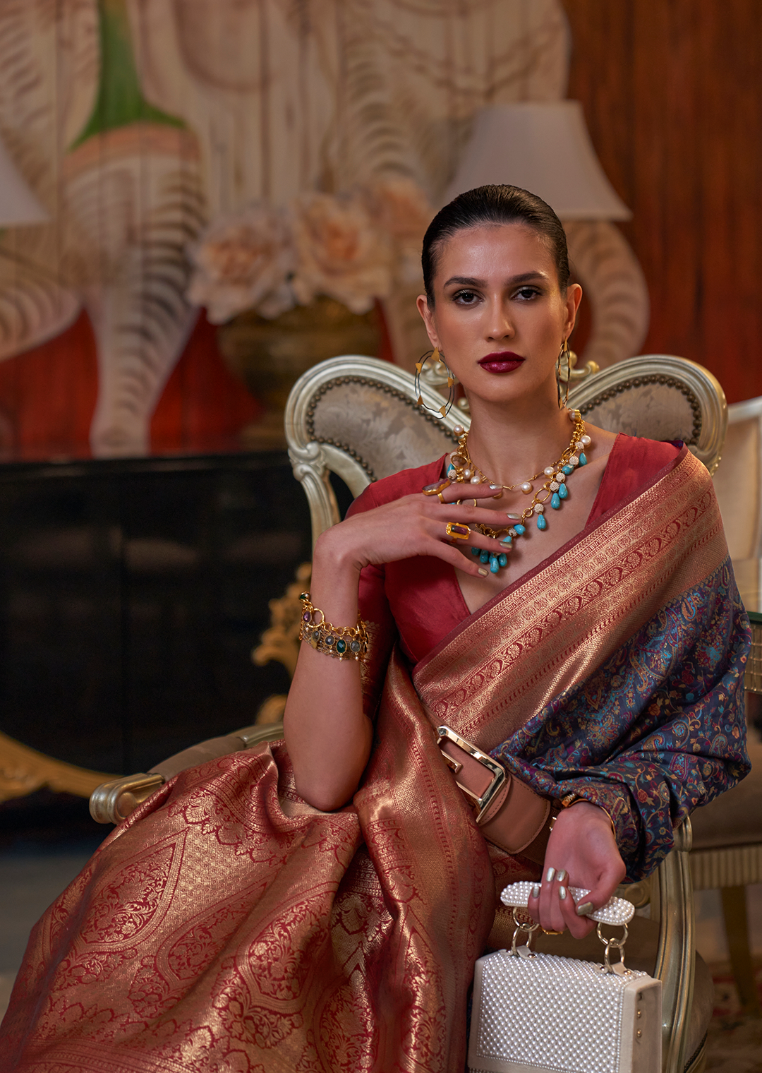 Navy Blue Woven Pure Handloom Kashmiri Jamewar Silk Saree