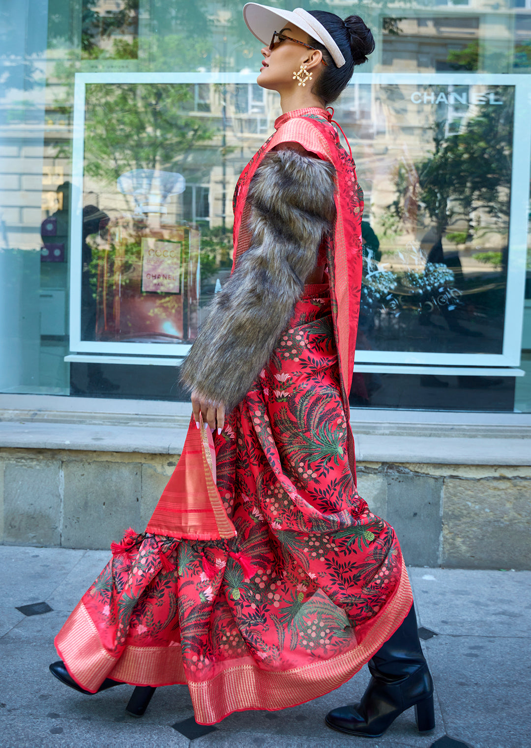 Coral Red Woven Pure Satin Organza Silk Saree