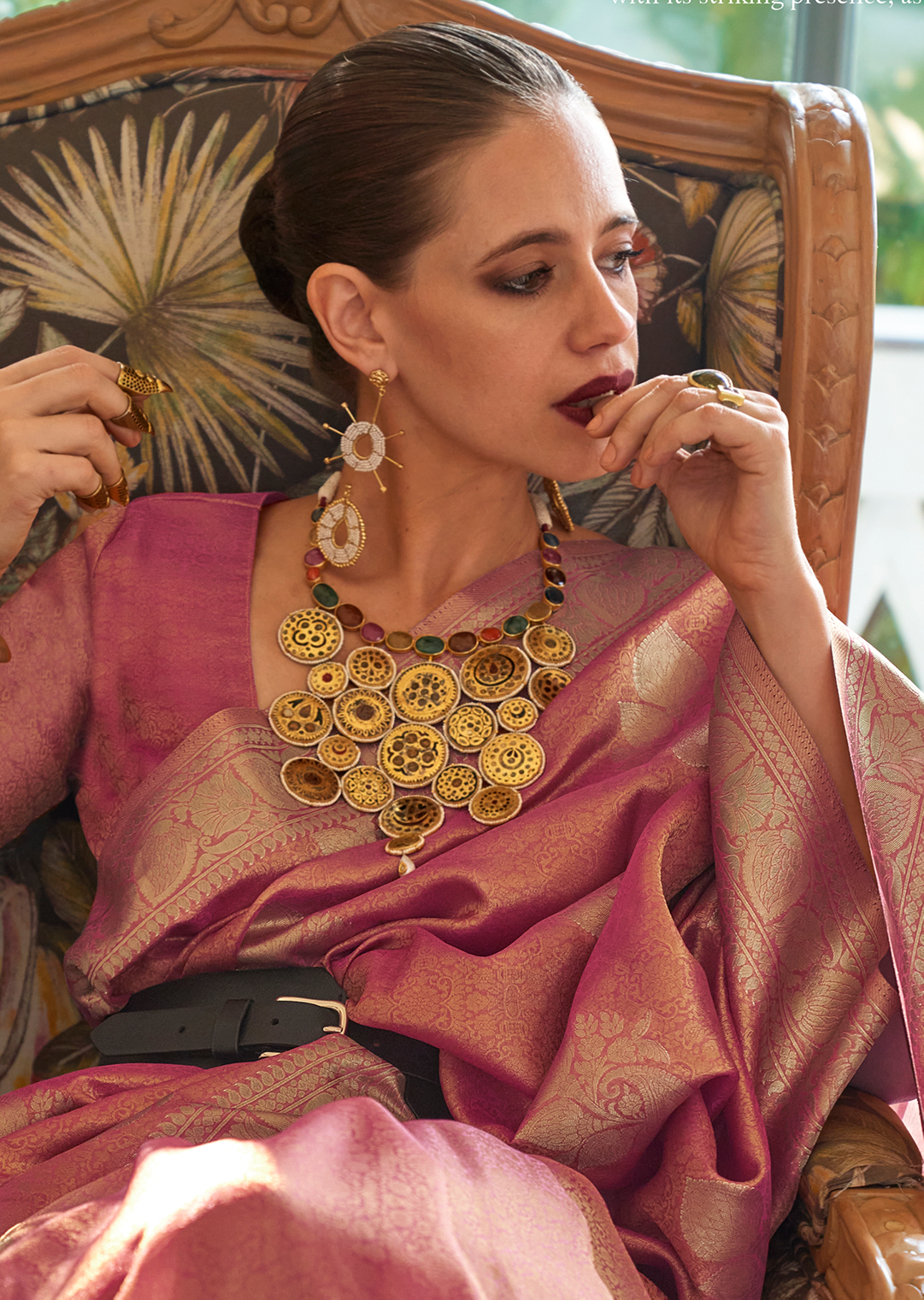 Salmon Pink Zari Woven Pure Handloom Satin Tissue Silk Saree
