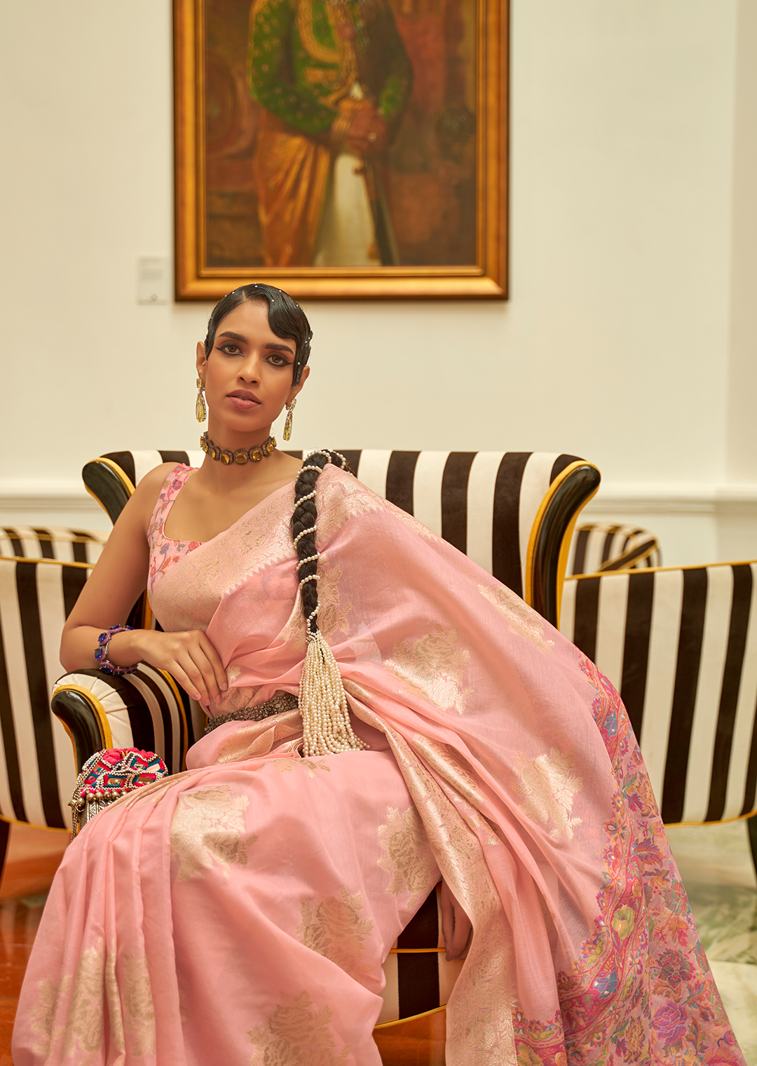 LEMONADE PINK WOVEN KASHMIRI JAMEWAR SILK SAREE