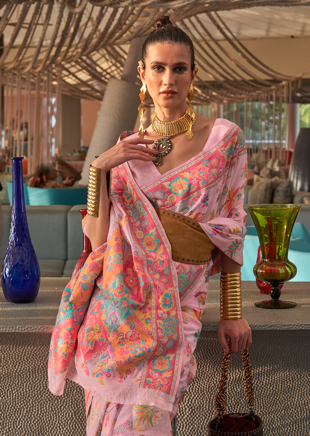 Carnation Pink Woven Pure Handloom Kashmiri Jamewar Silk Saree