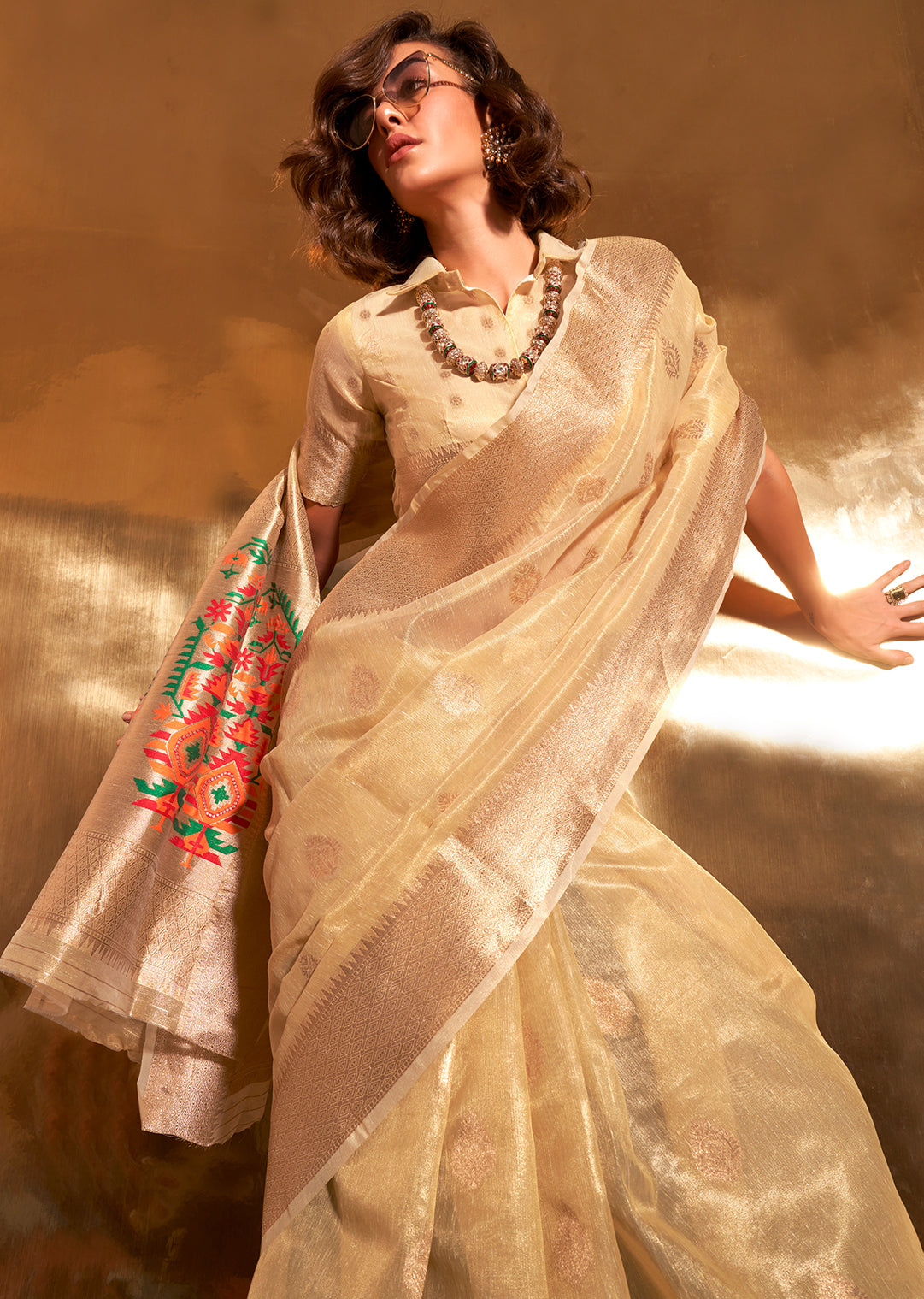 Cream White Zari Woven Pure Paithani Tissue Silk Saree