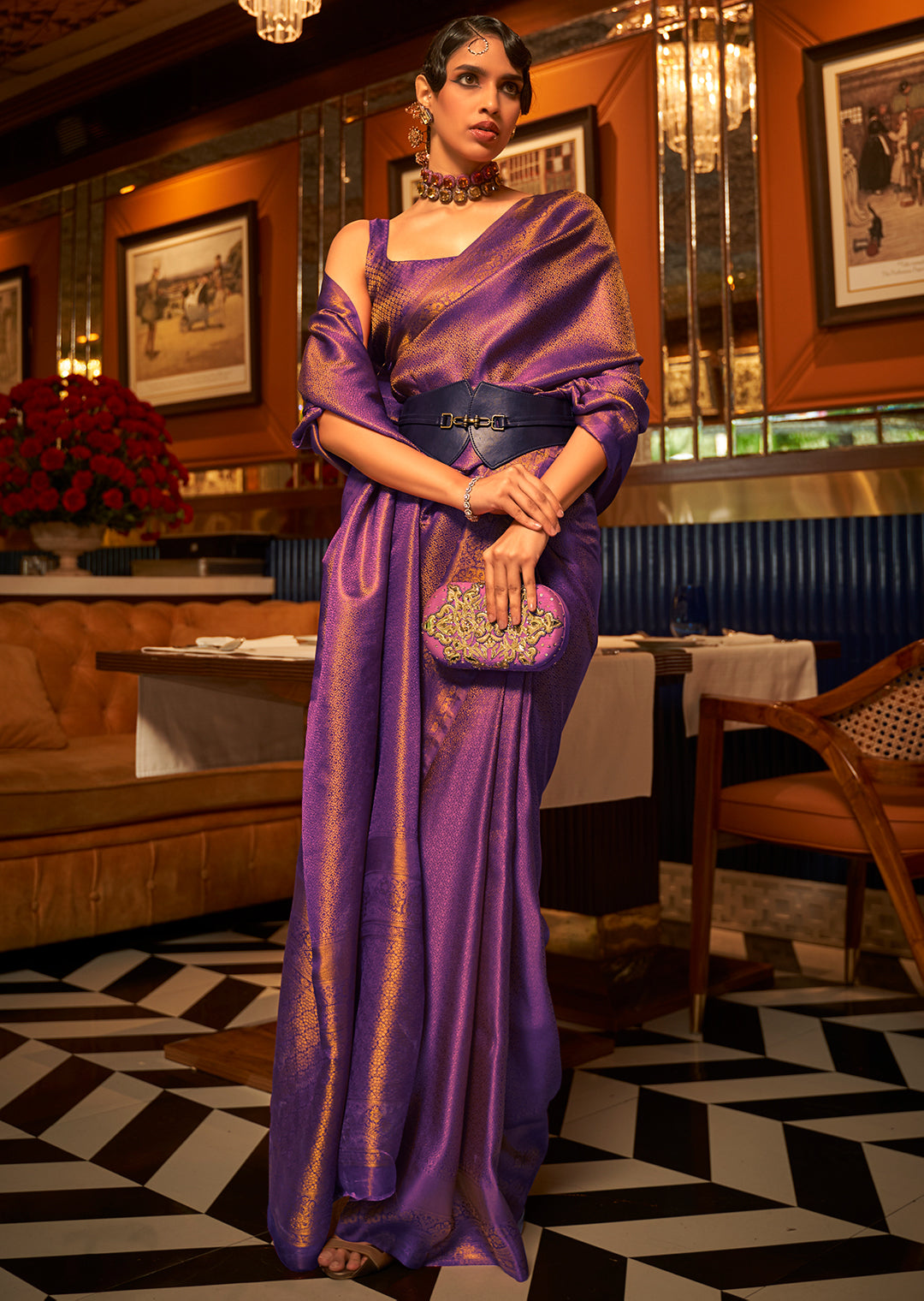 Golden Purple Zari Woven Pure Handloom Satin Kanjivaram Silk Saree