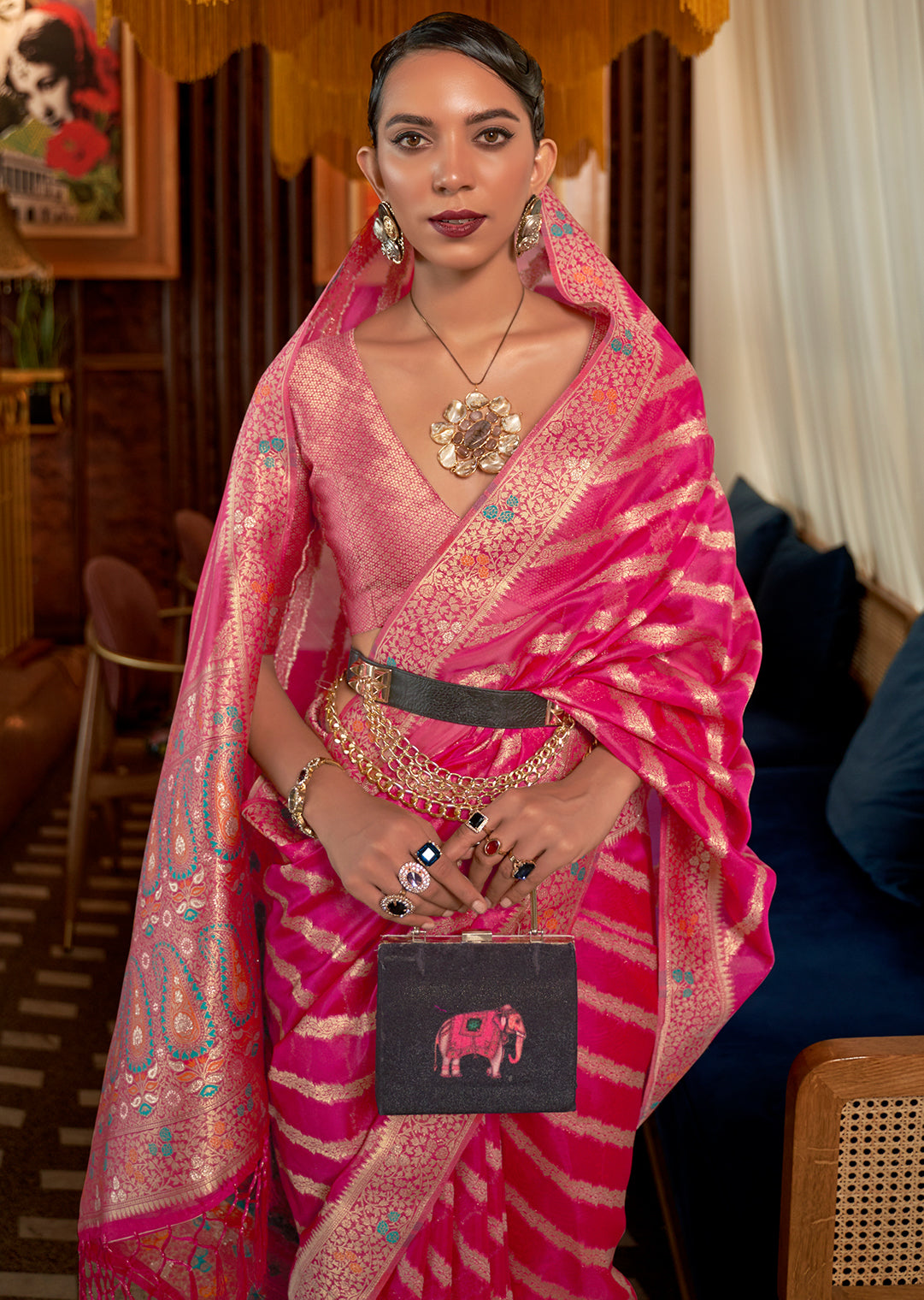 Hot Pink	Two Tone Meenakari Woven Pure Organza Silk Saree