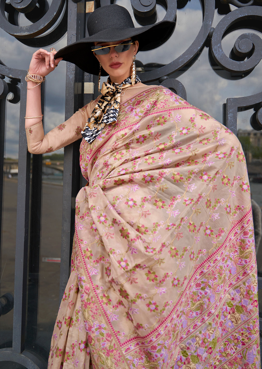 Beige Off White Woven Pure Handloom Parsi Organza Silk Saree
