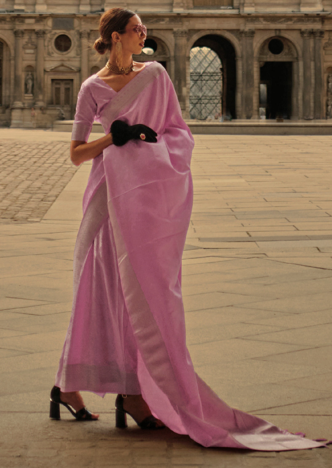 Carnation Pink Woven Handloom Pure Satin Silk Saree