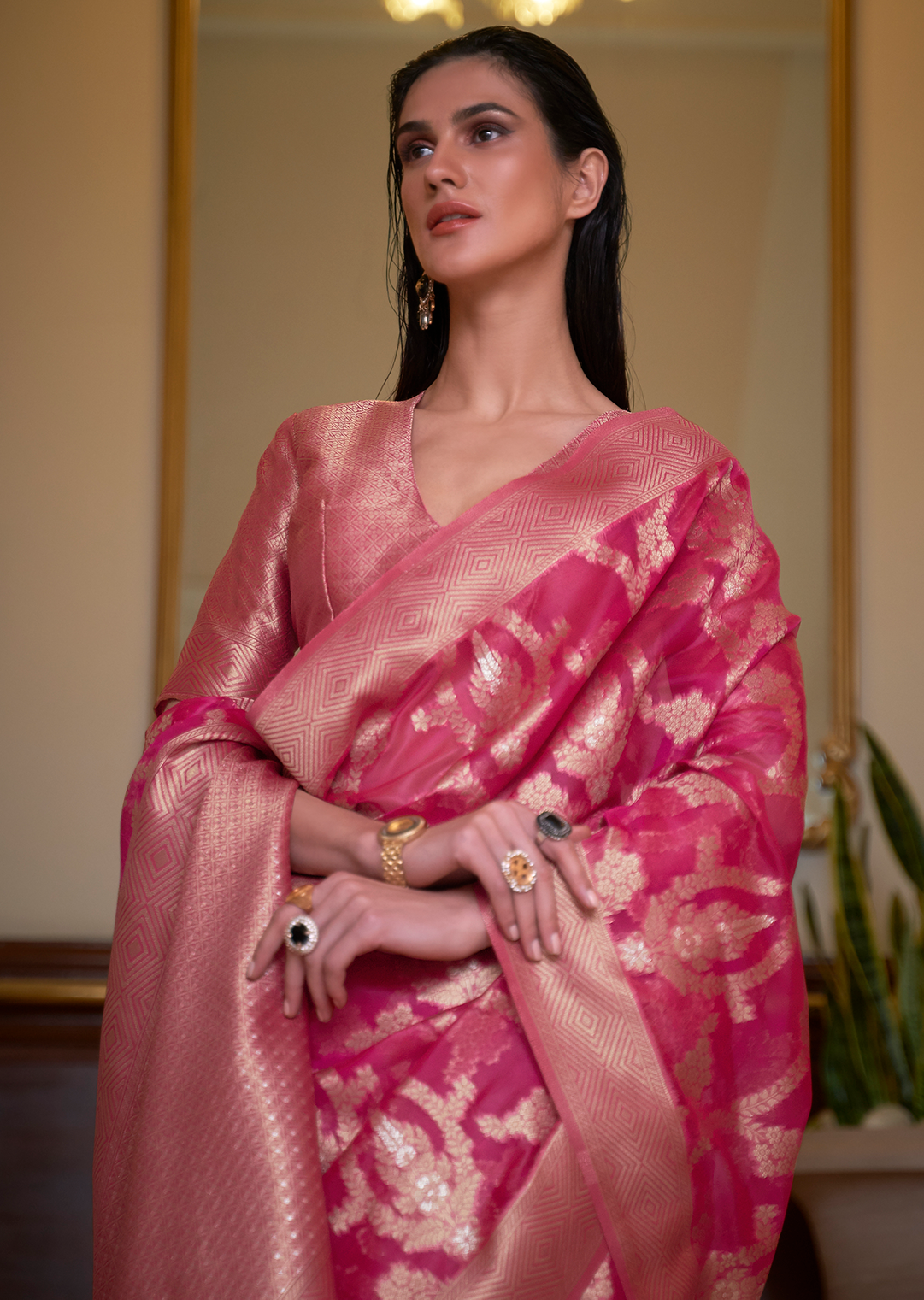 CERISE PINK	ZARI WOVEN HANDLOOM ORGANZA SILK SAREE