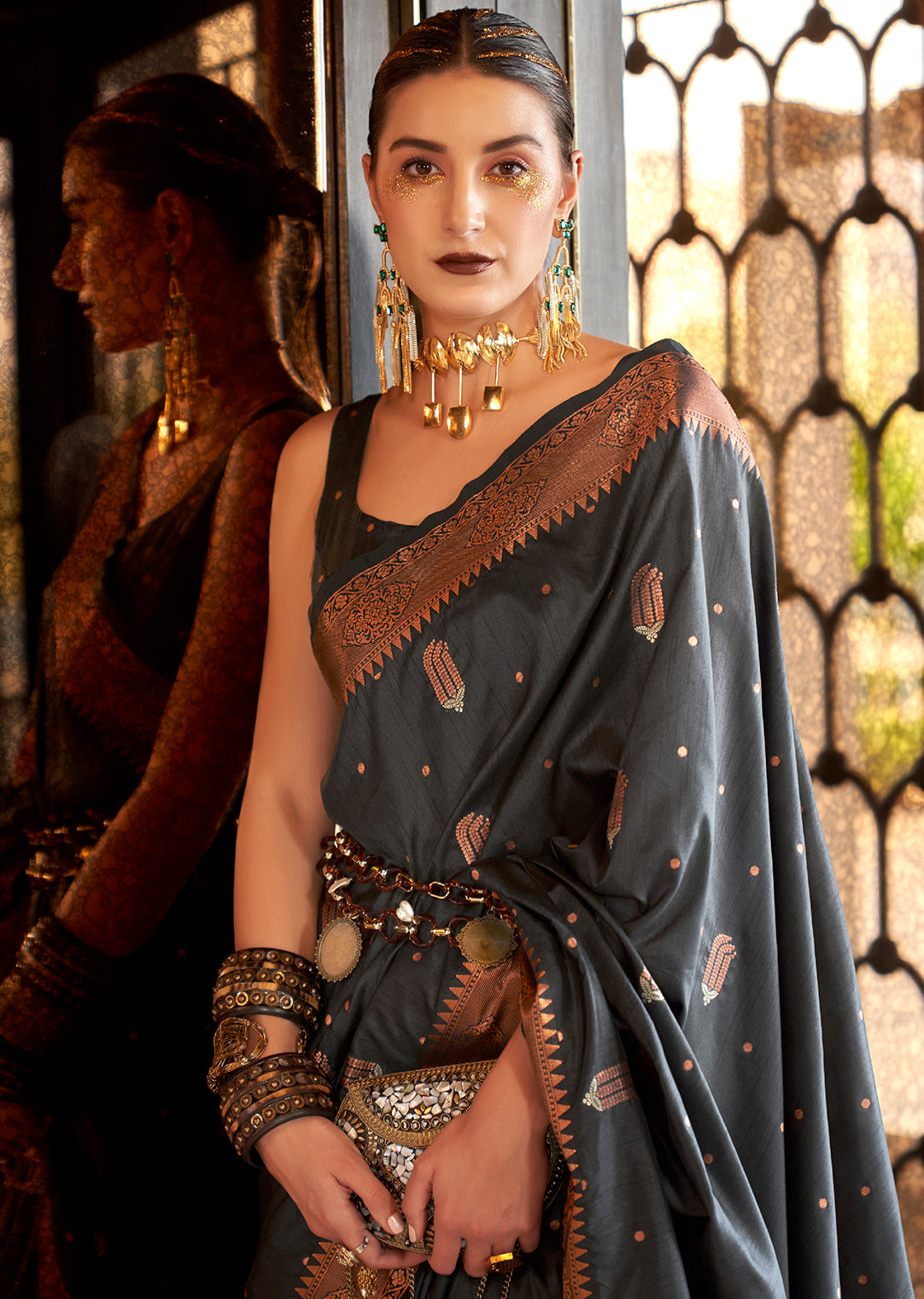 Black Copper Zari Woven Pure Handloom Banarasi Silk Saree