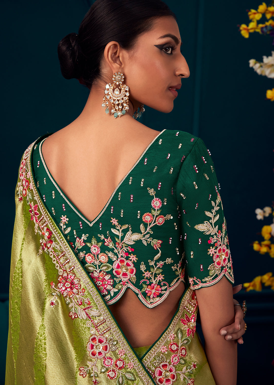LAWN GREEN HEAVY EMBROIDERED BROCADE DESIGNER KANJIVARAM SILK SAREE