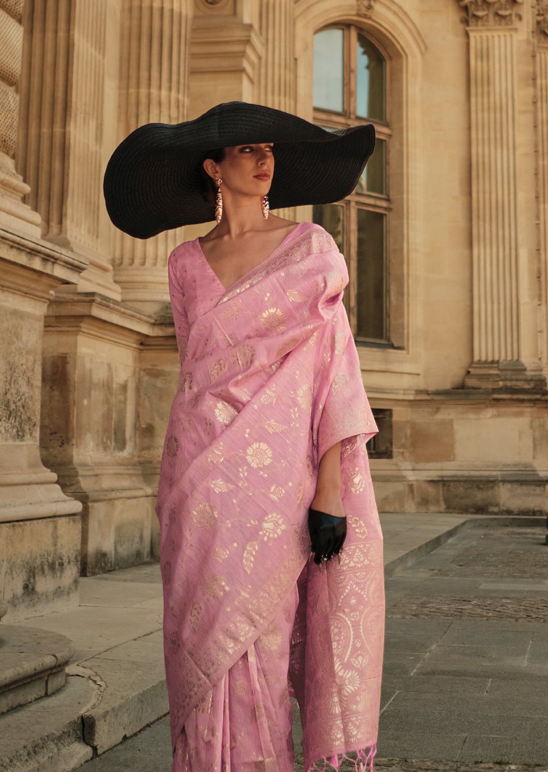 Crepe Pink Gota Woven Pure Handloom Silk Saree