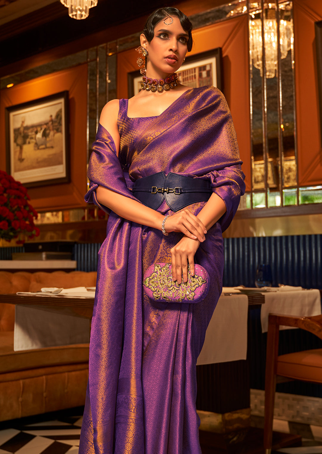 Golden Purple Zari Woven Pure Handloom Satin Kanjivaram Silk Saree