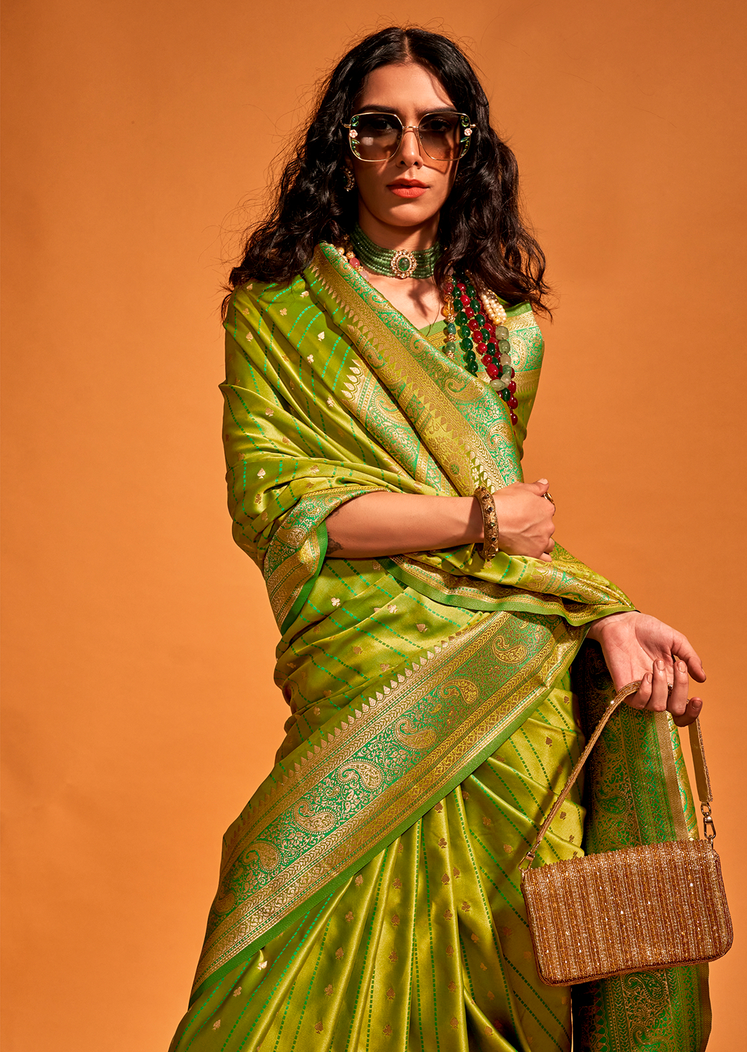 Pear Green Zari Woven  Handloom Pure Banarasi Satin Silk Saree