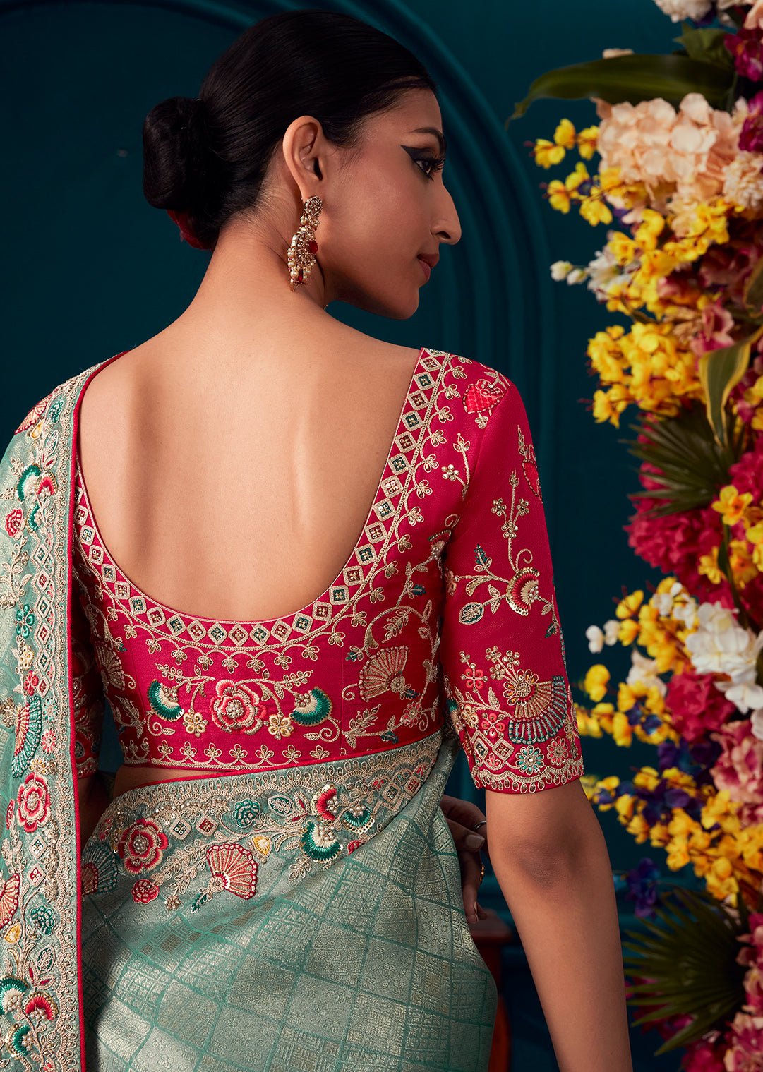 PERSIAN GREEN HEAVY EMBROIDERED BROCADE DESIGNER KANJIVARAM SILK SAREE