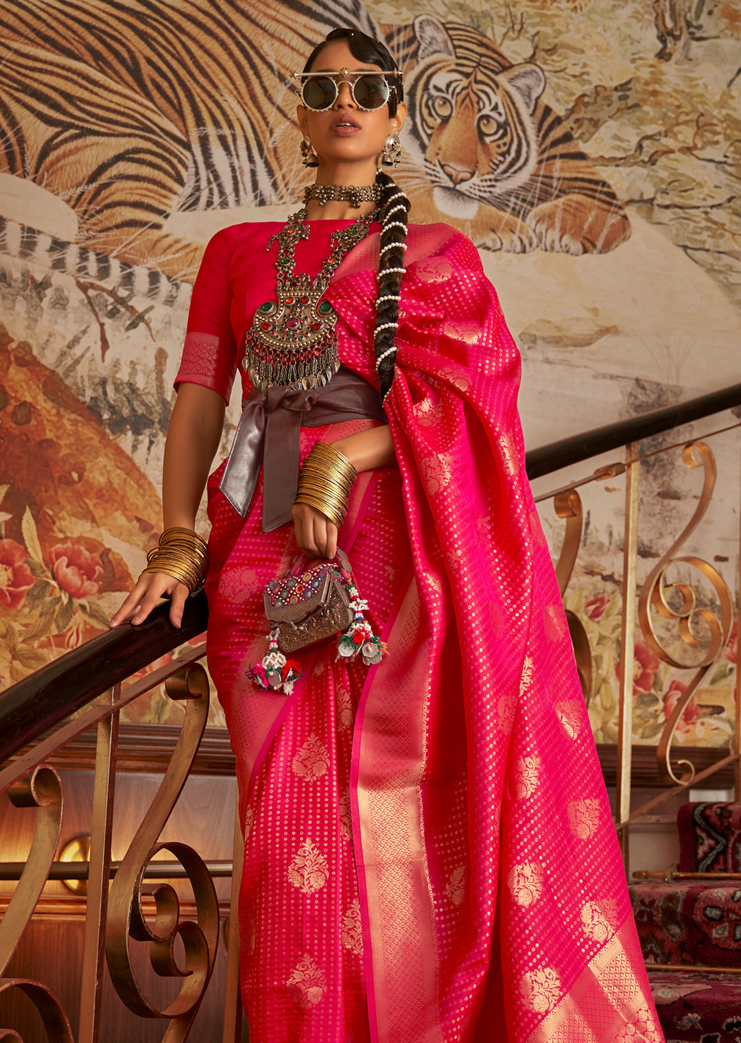 Red	Zari Woven Two Tone Chinon Kanjivaram Silk Saree