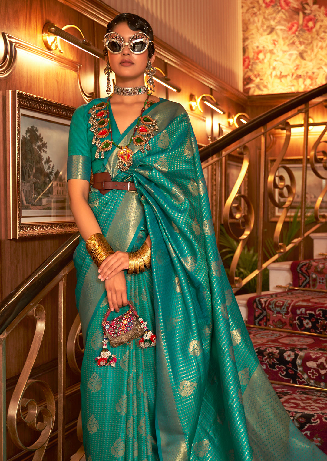 Teal Green Zari Woven Two Tone Chinon Kanjivaram Silk Saree