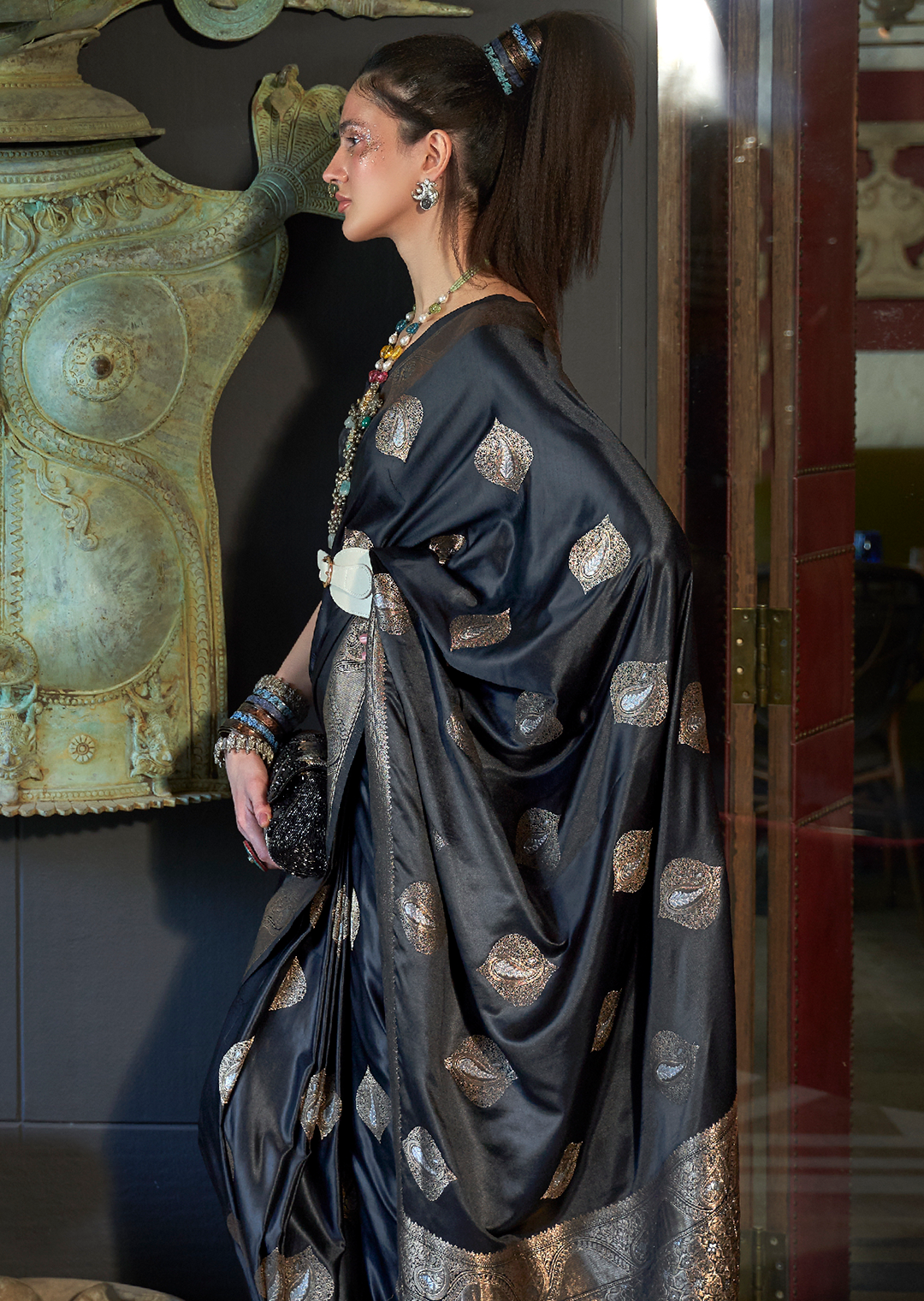 Black Zari Woven Pure Handloom Banarasi Satin Silk Saree