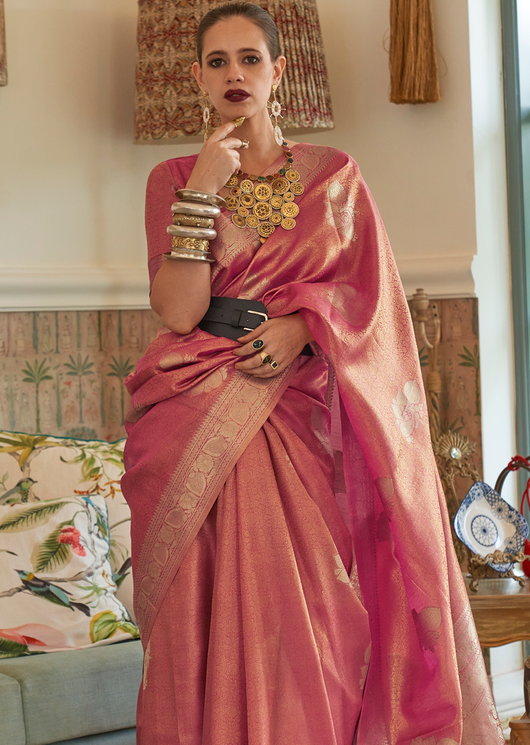 Salmon Pink Zari Woven Pure Handloom Satin Tissue Silk Saree