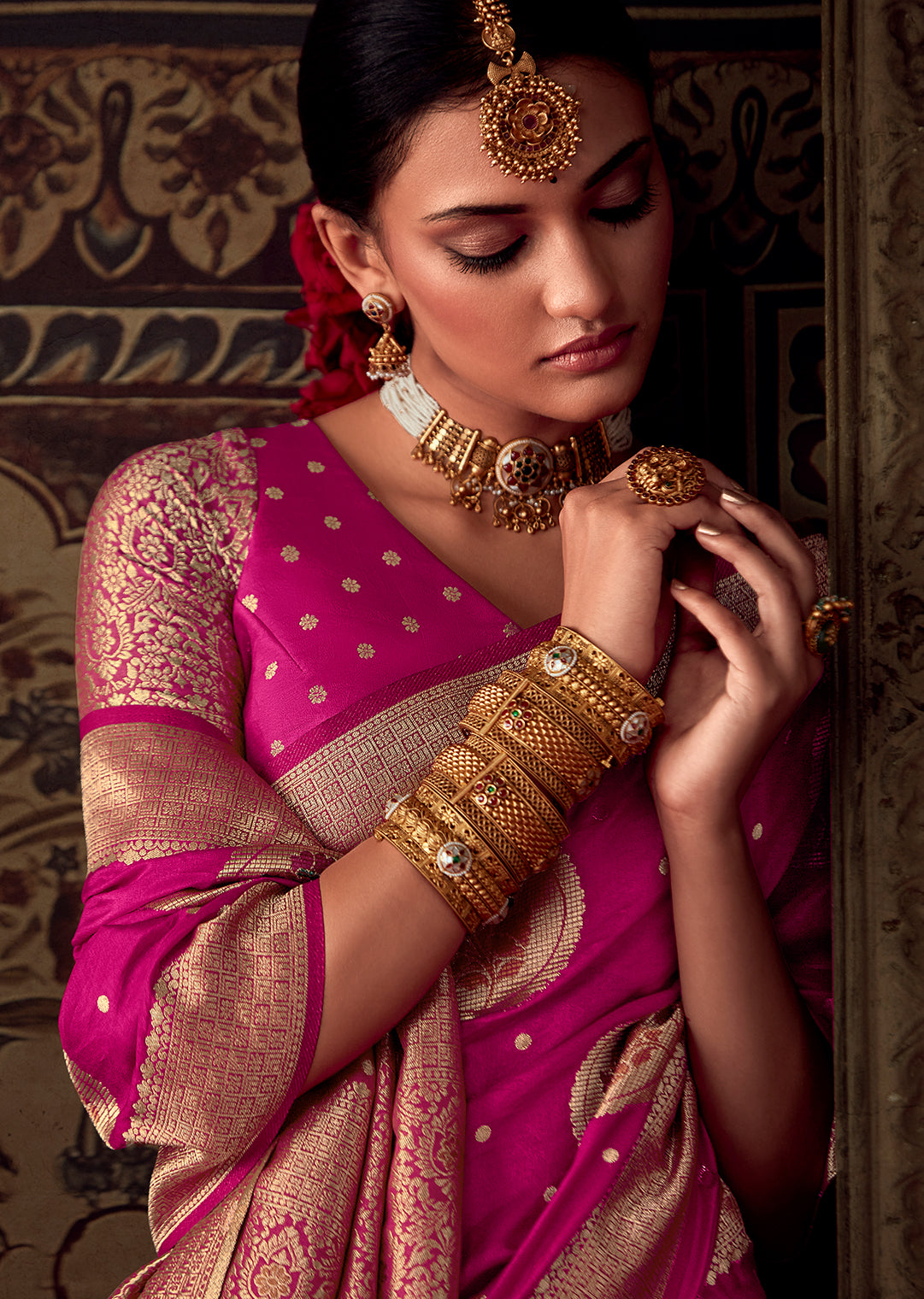 DEEP PINK MEENAKARI WOVEN DESIGNER BANARASI SILK SAREE