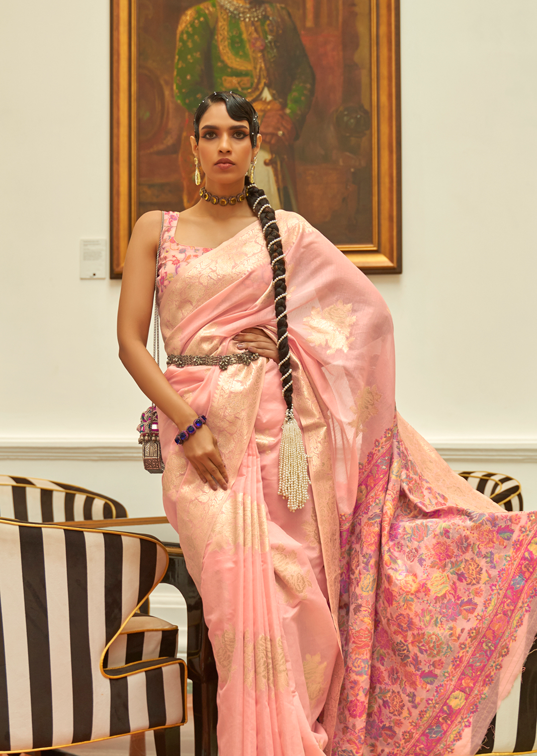 LEMONADE PINK WOVEN KASHMIRI JAMEWAR SILK SAREE