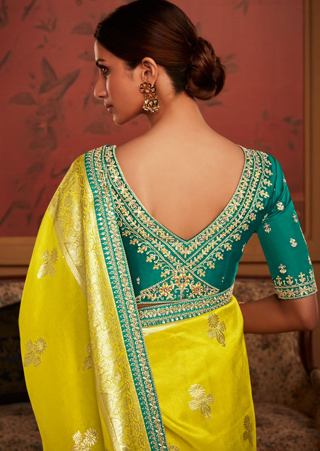 LEMON YELLOW  PURE CREPE SILK DESIGNER BANARASI SAREE