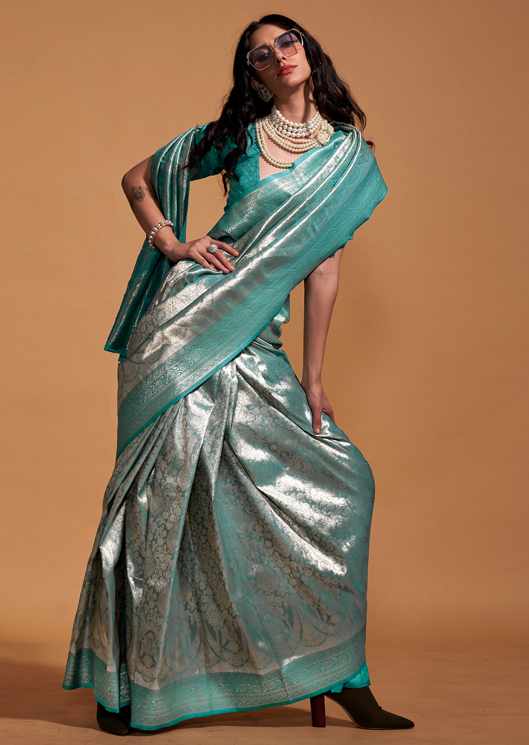Turquoise Blue Zari Woven Pure Handloom Kanjivaram Silk Saree