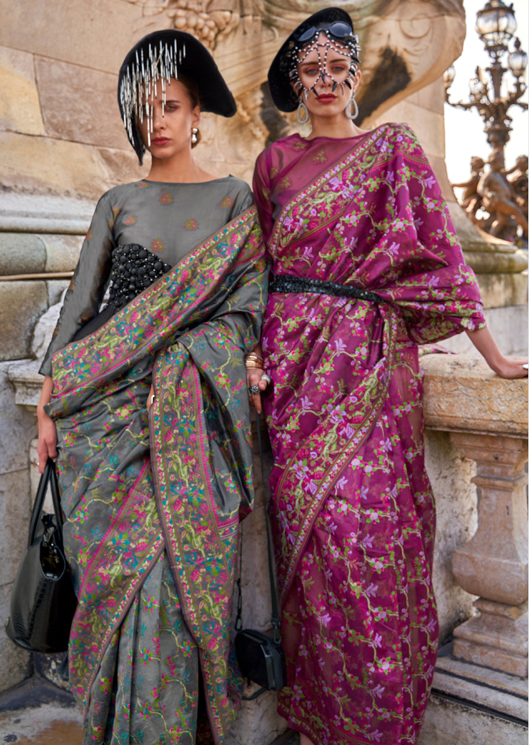 Grey Woven Pure Handloom Parsi Organza Silk Saree