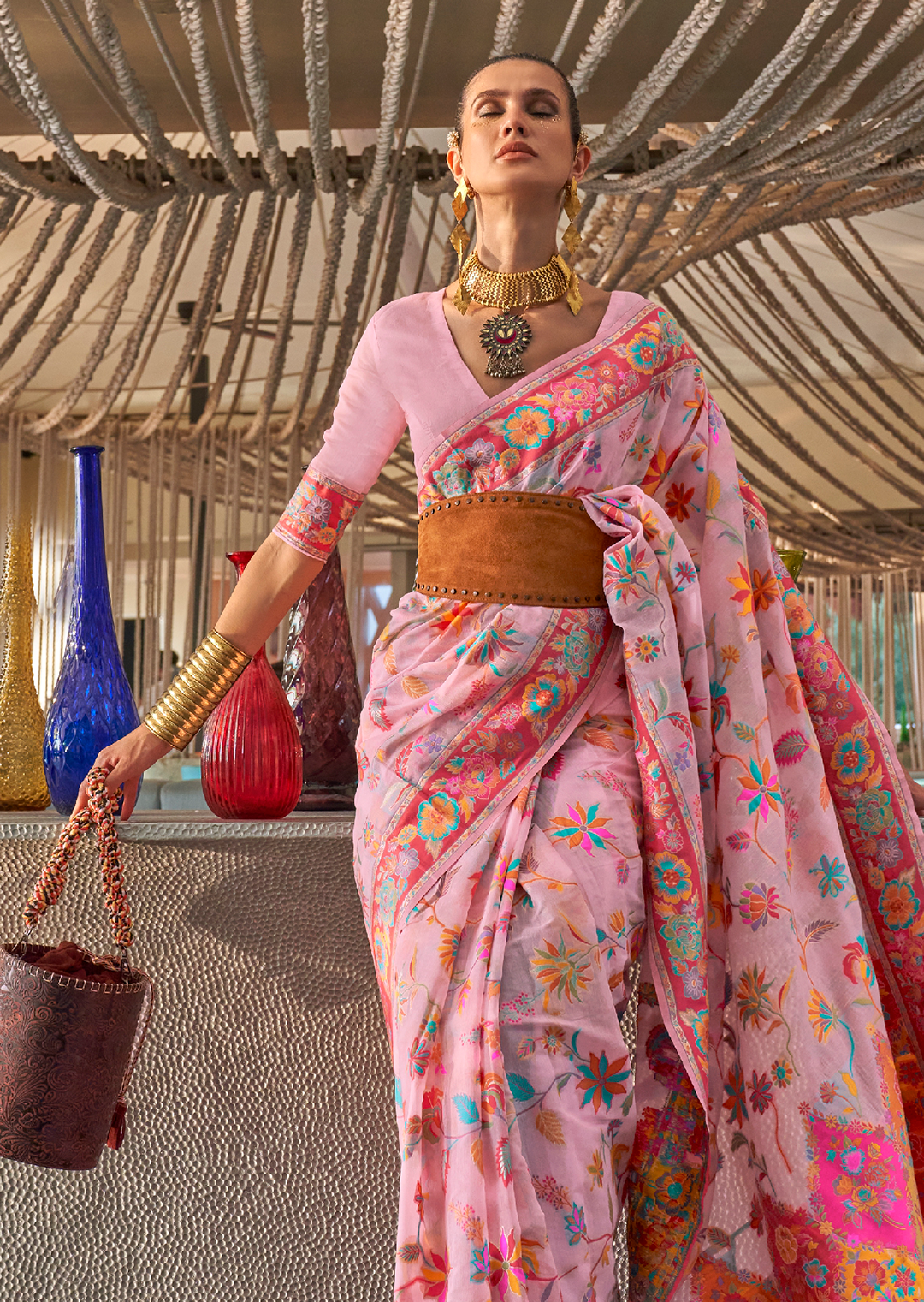 Carnation Pink Woven Pure Handloom Kashmiri Jamewar Silk Saree