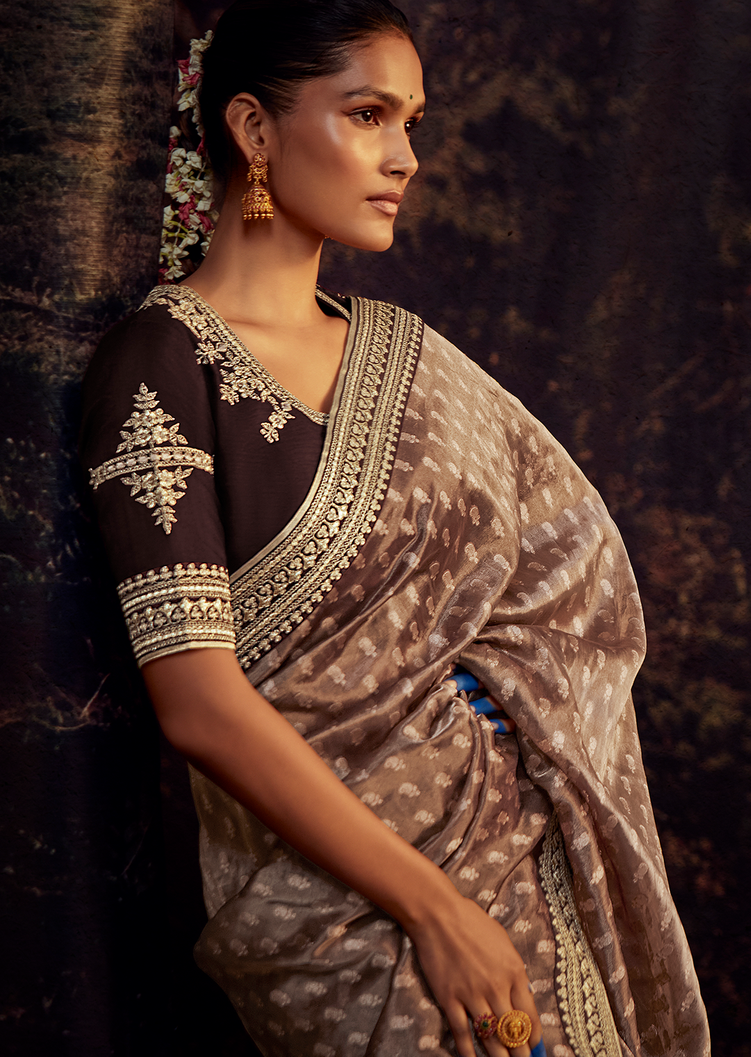 CHOCO BROWN PURE TISSUE SILK DESIGNER SAREE