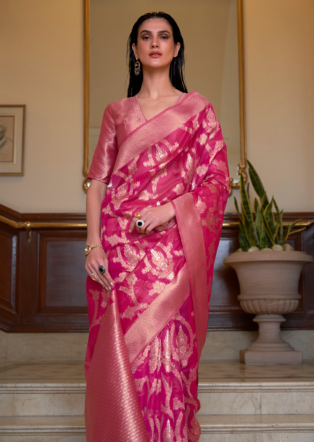 CERISE PINK	ZARI WOVEN HANDLOOM ORGANZA SILK SAREE