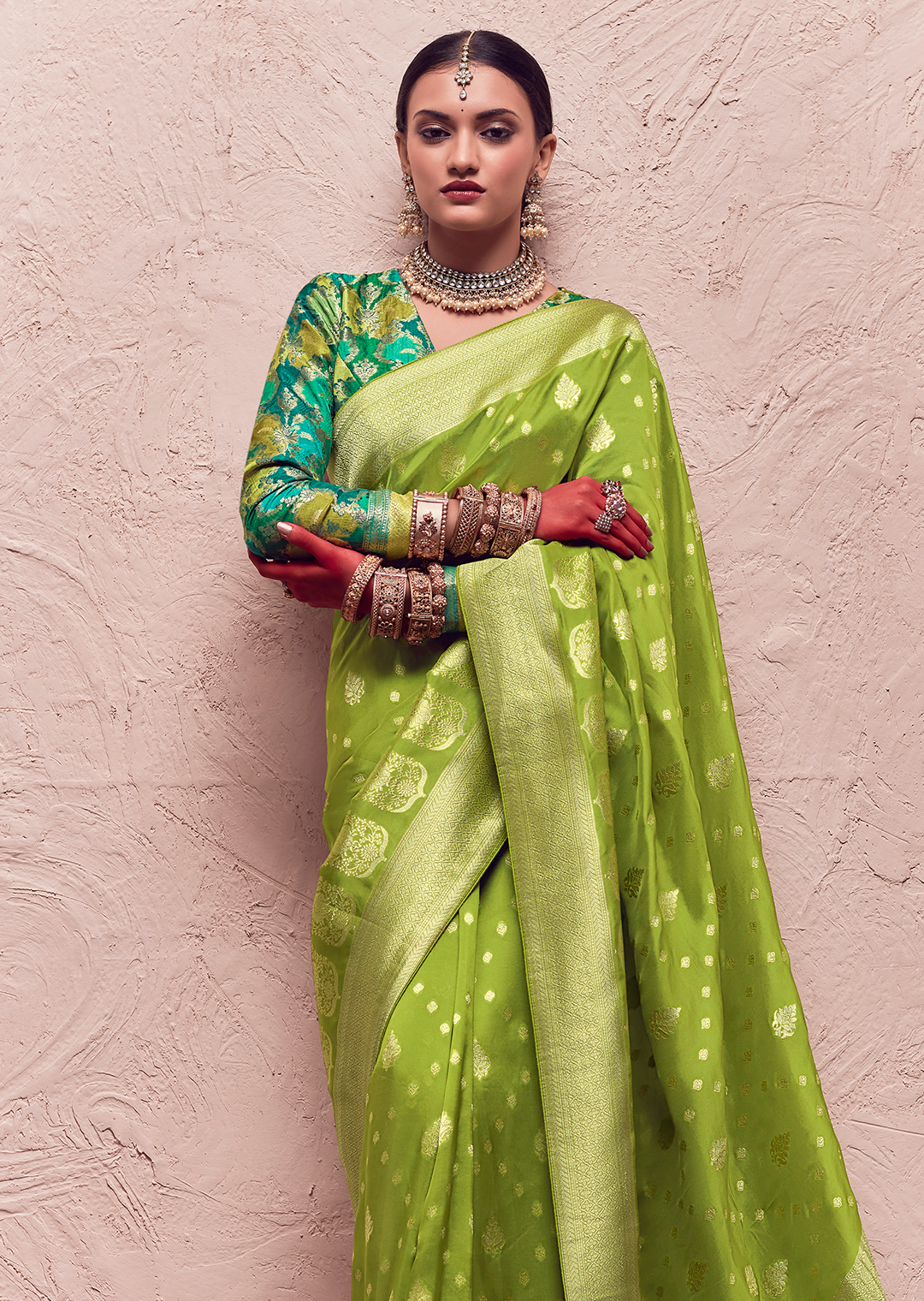 LIME GREEN PURE CREPE SILK DESIGNER KHADDI BANARASI SAREE