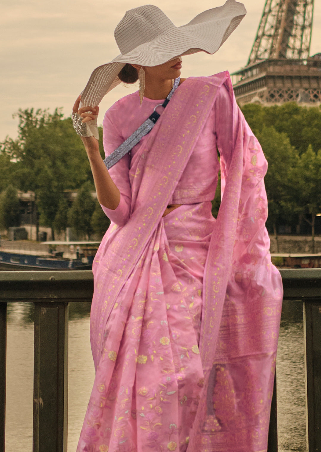 Lavender Pink Woven Pure Handloom Kashmiri Organza Silk Saree