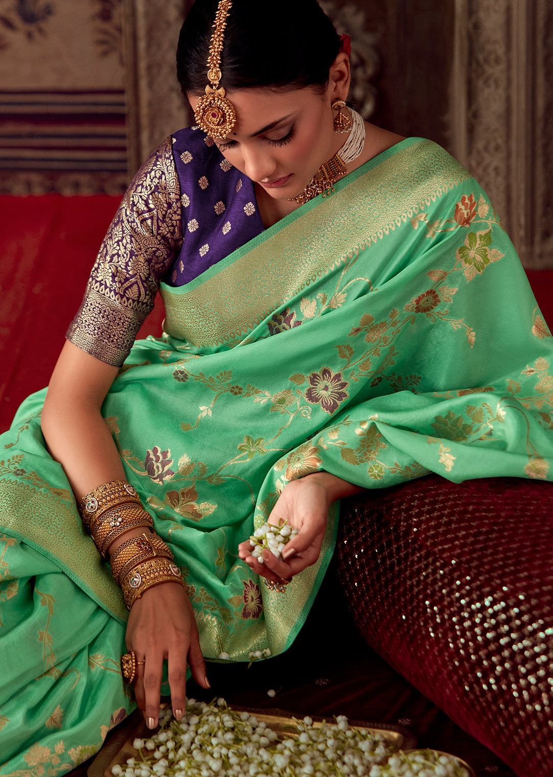 MINT GREEN MEENAKARI WOVEN DESIGNER BANARASI SILK SAREE
