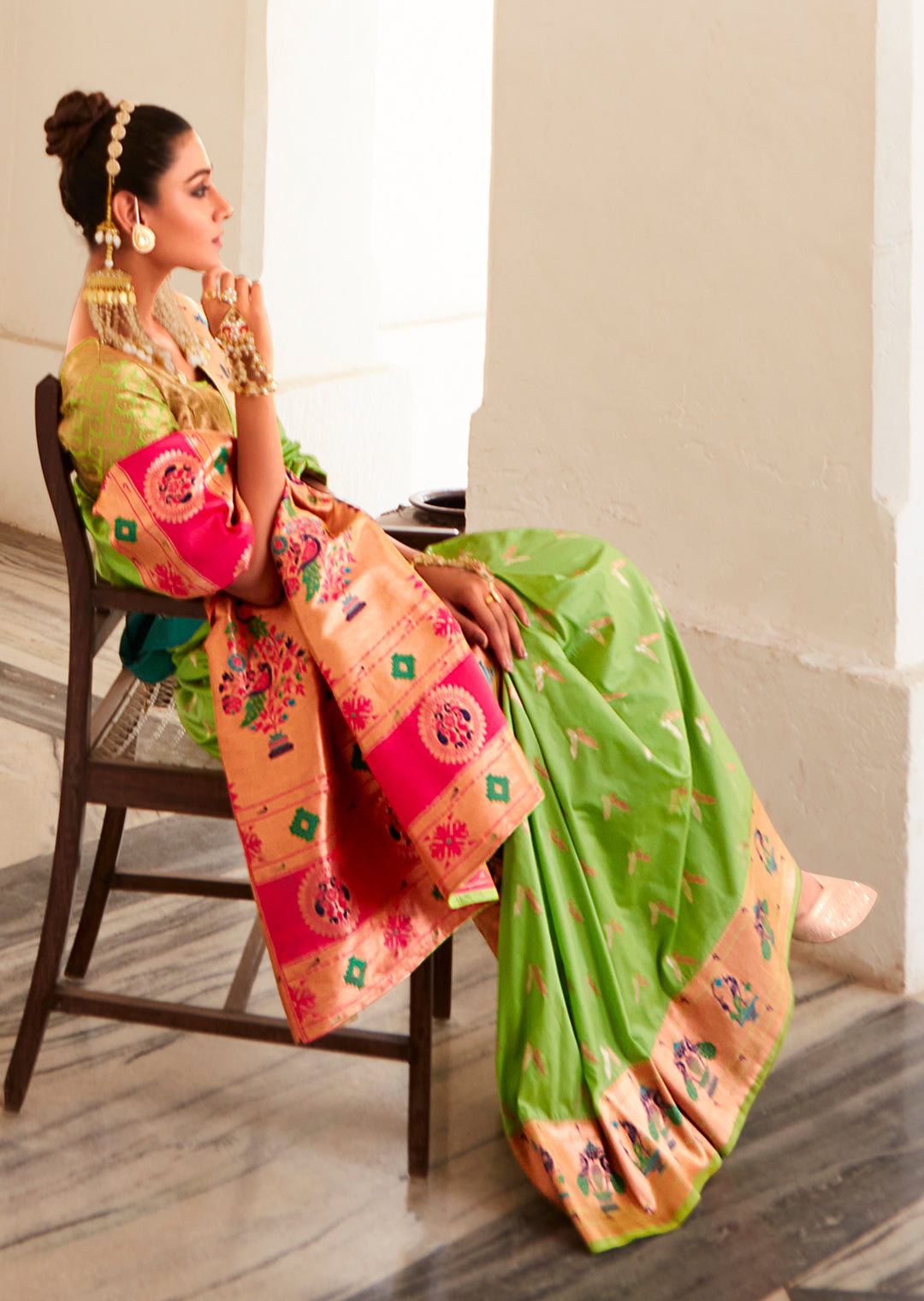 Parrot Green Paithani Saree with Zari Weaving Work in 2023 | Art silk sarees,  Green saree, Raw silk saree