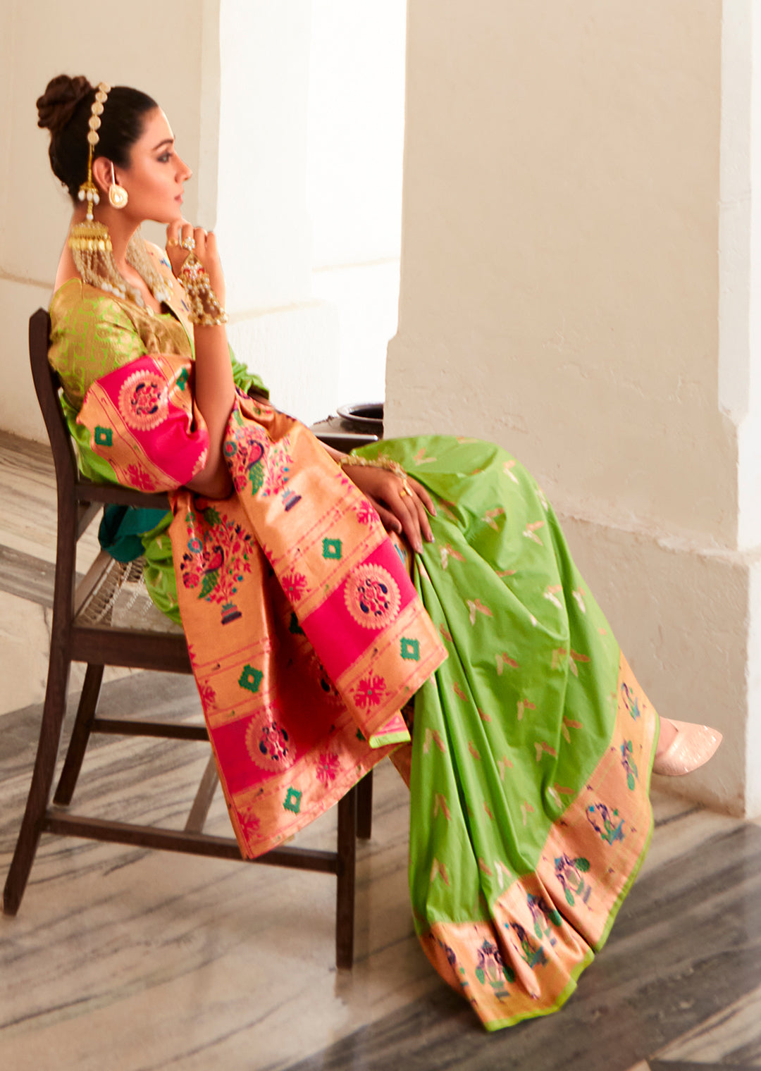 Parrot Green Copper Zari Woven Traditional Paithani Silk Saree