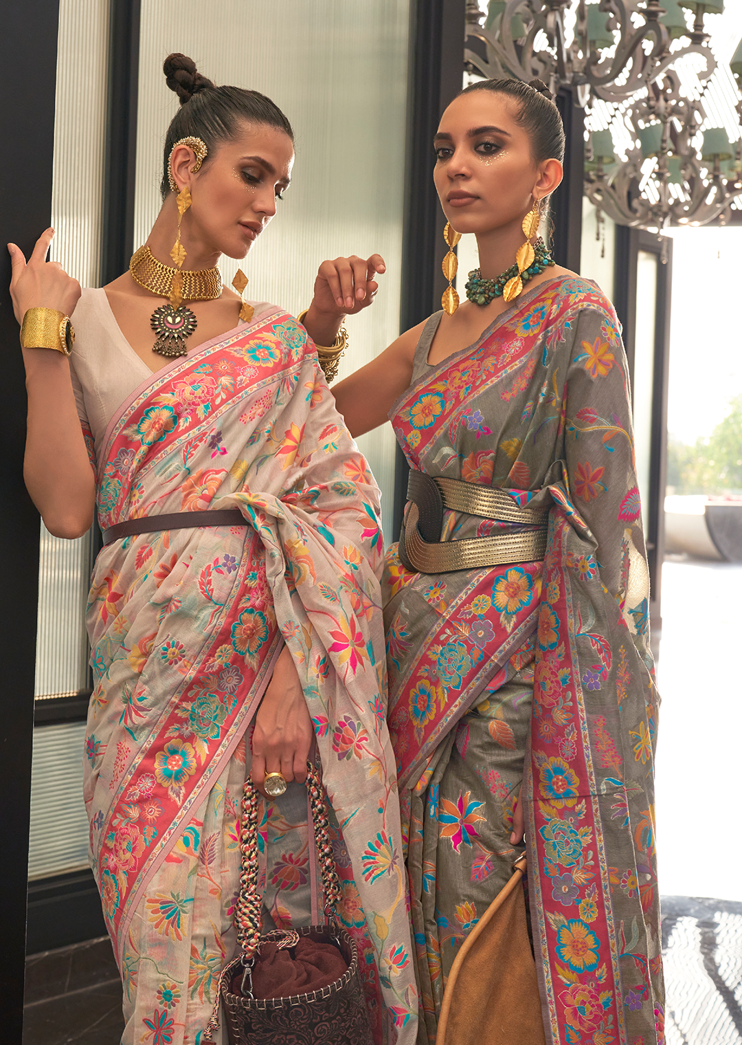 Pearl White Woven Pure Handloom Kashmiri Jamewar Silk Saree