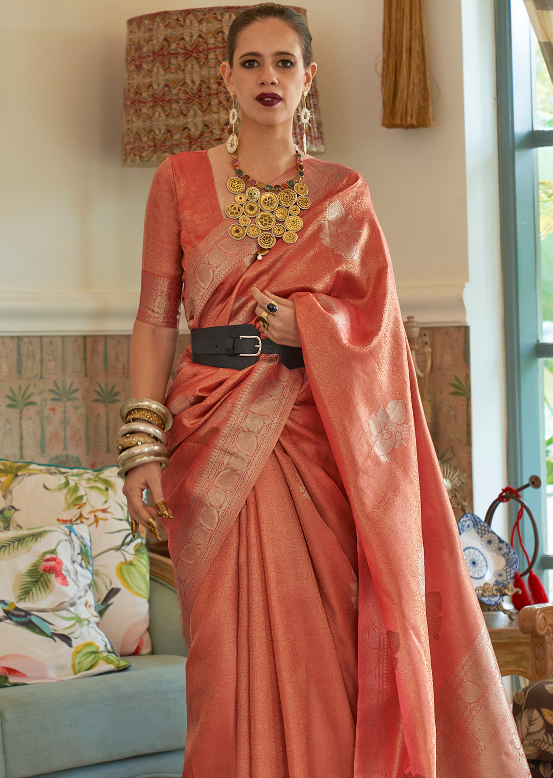 Orange Zari Woven Pure Handloom Satin Tissue Silk Saree